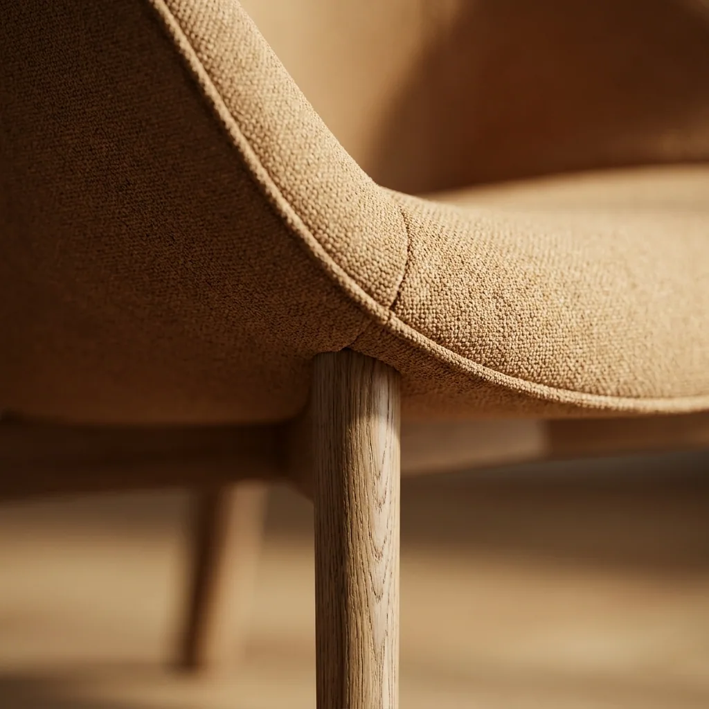A close-up of the woven fabric seam and the oak leg of a chair