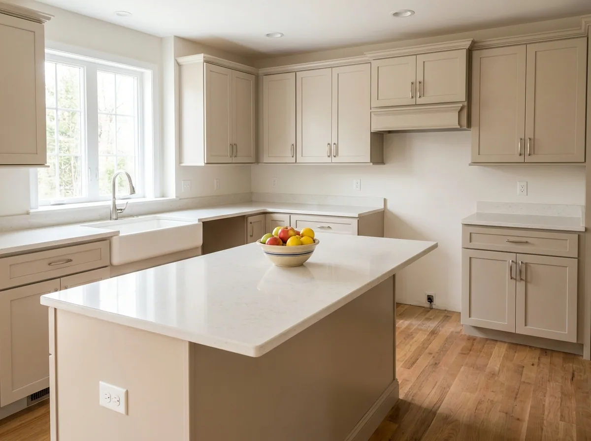 A clear kitchen with a white island and a bowl of fruit on it
