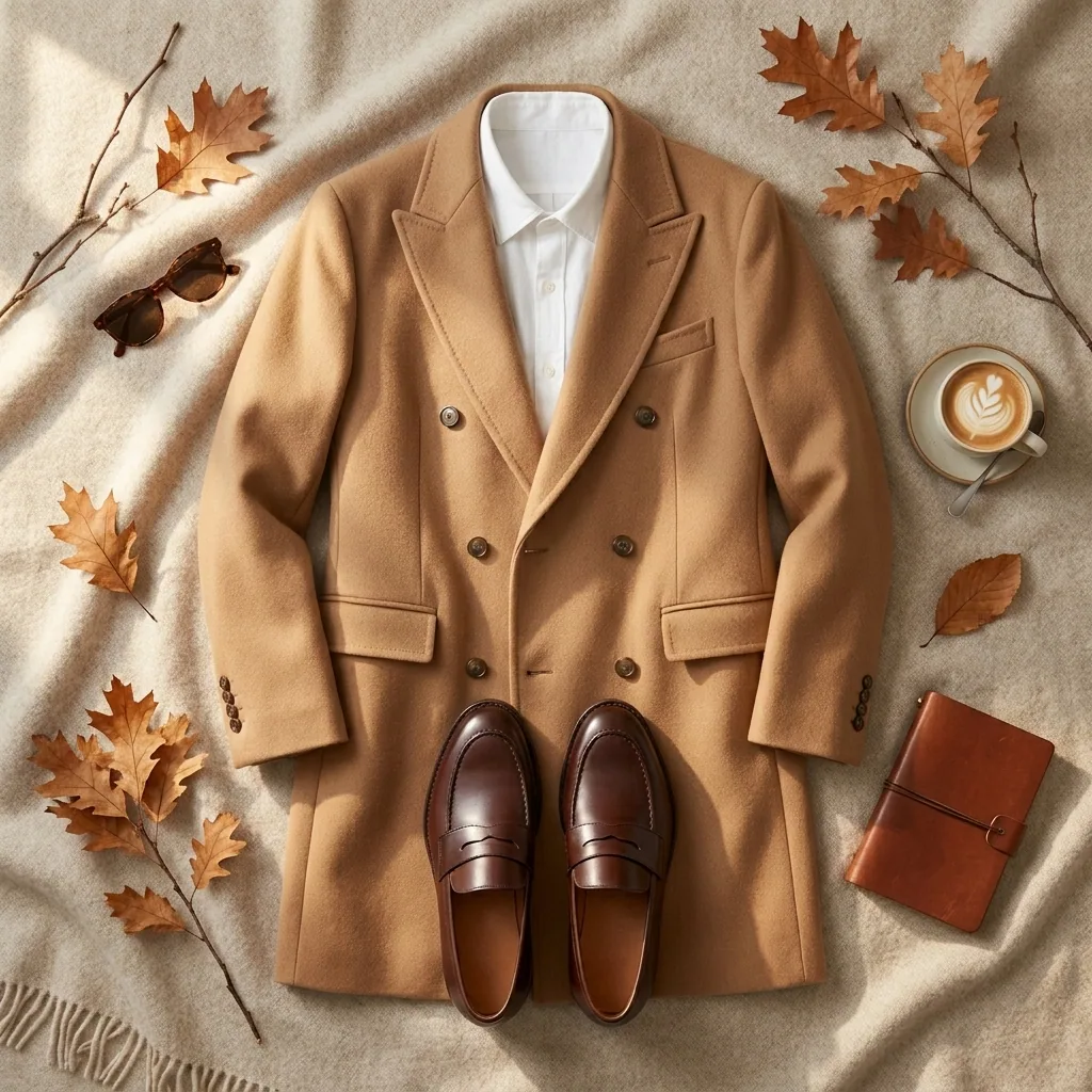 A camel coat laid flat with shoes, autumn leaves and a cup of coffee around it