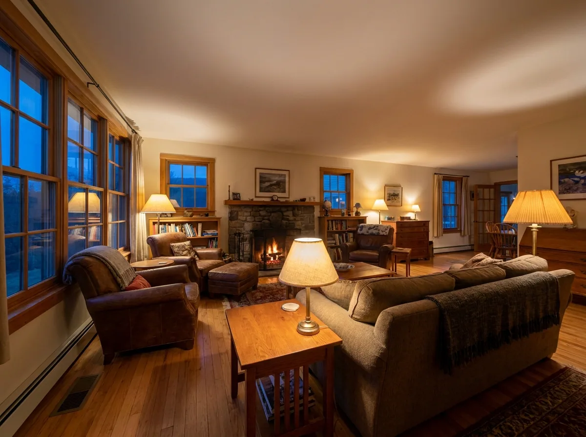 A room with the lamps switched on and the fireplace lit