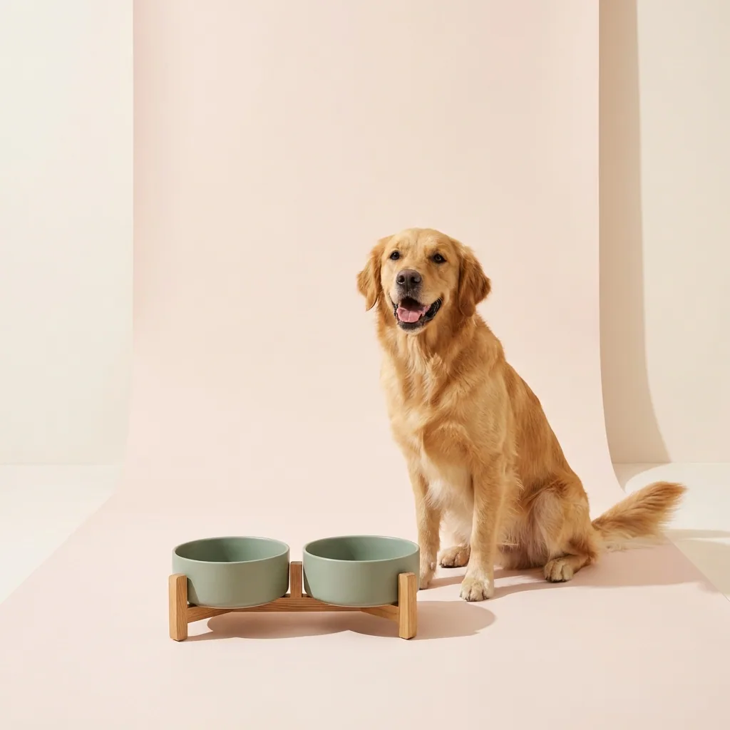 A golden retriever beside the same bowl, a result in the brand look