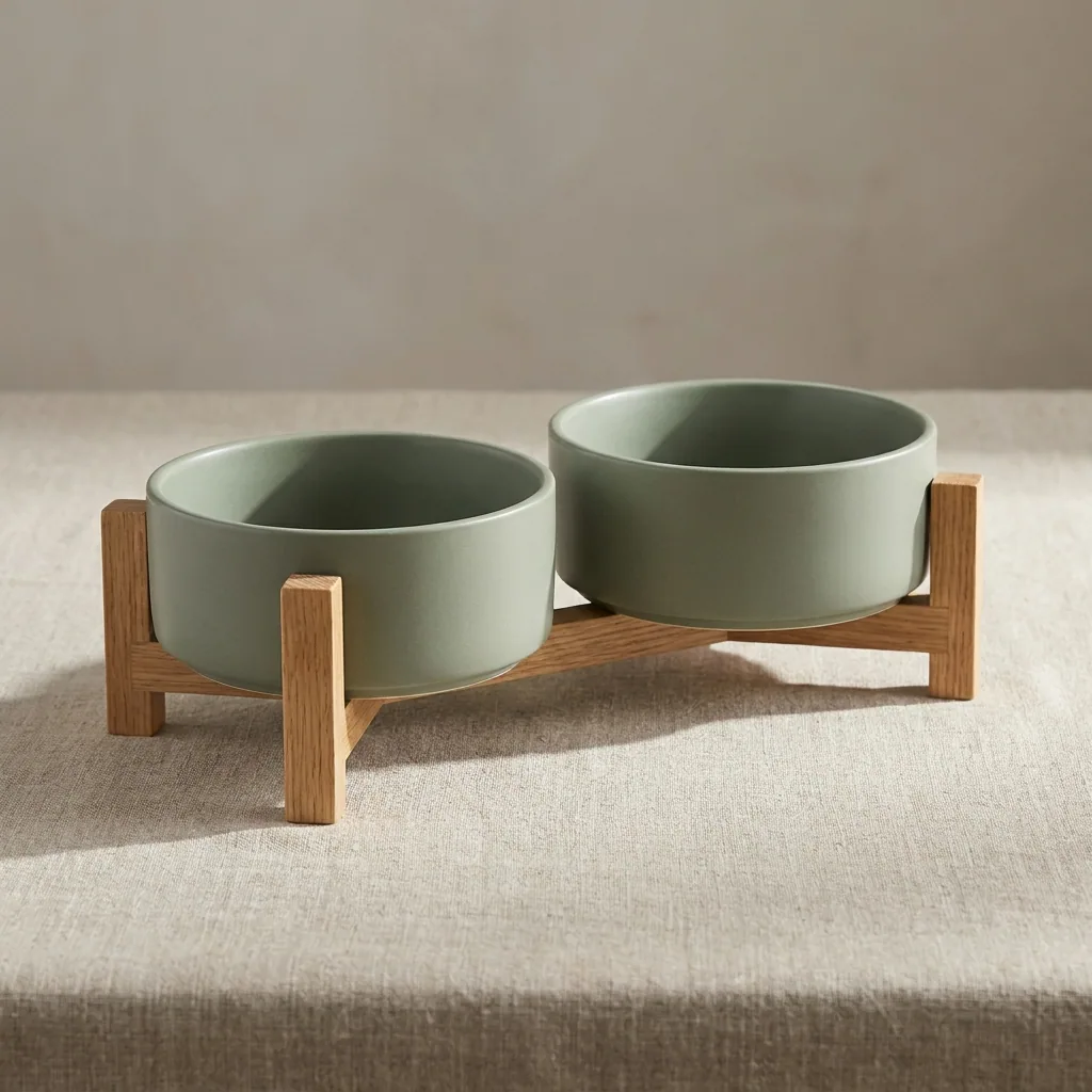 A raised sage pet bowl on white, the product photo on one row of a sheet
