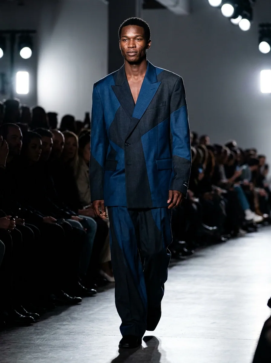 A man walking a runway in a blue suit, with an audience on both sides