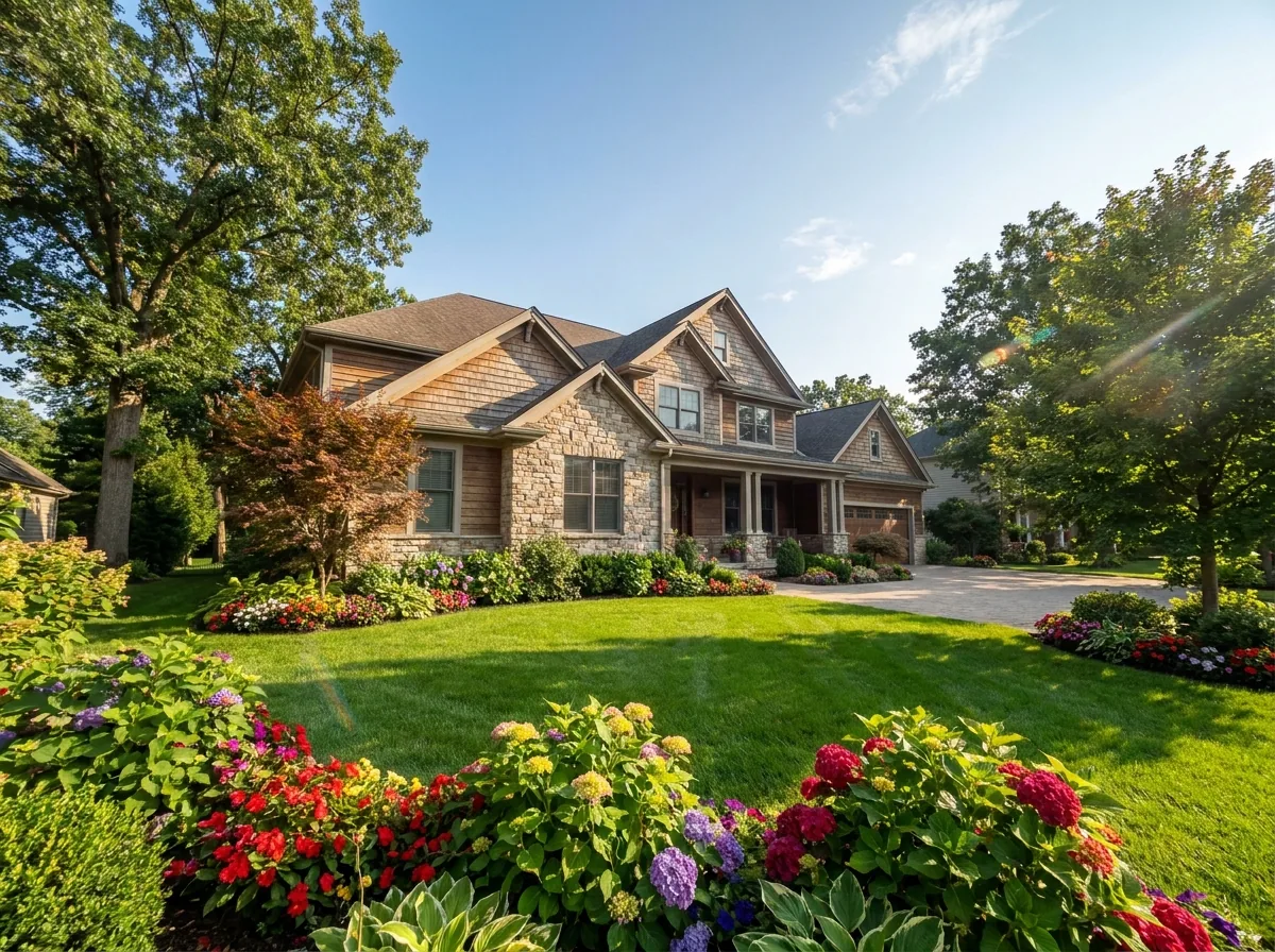 A house in summer with a green lawn and flowering borders
