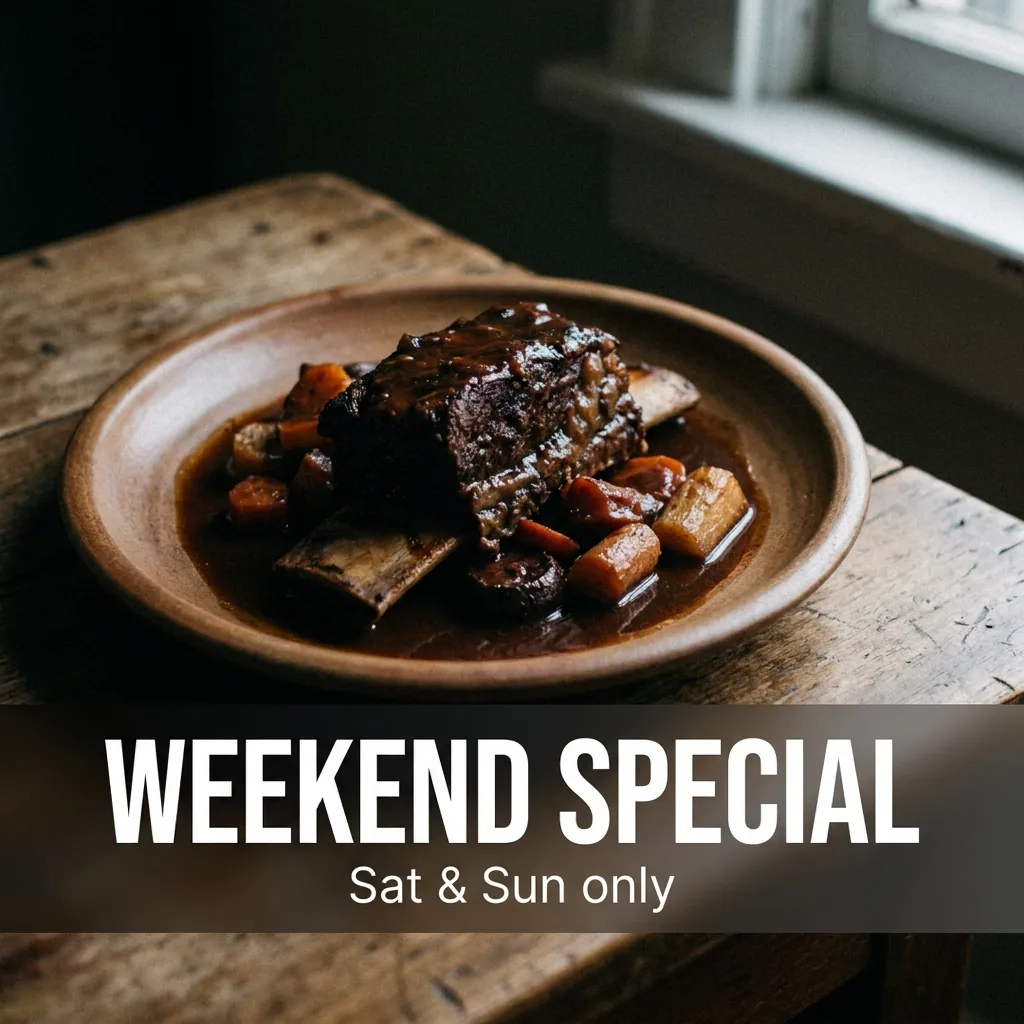 A plate of braised beef, with a weekend offer and the days it runs written on the picture