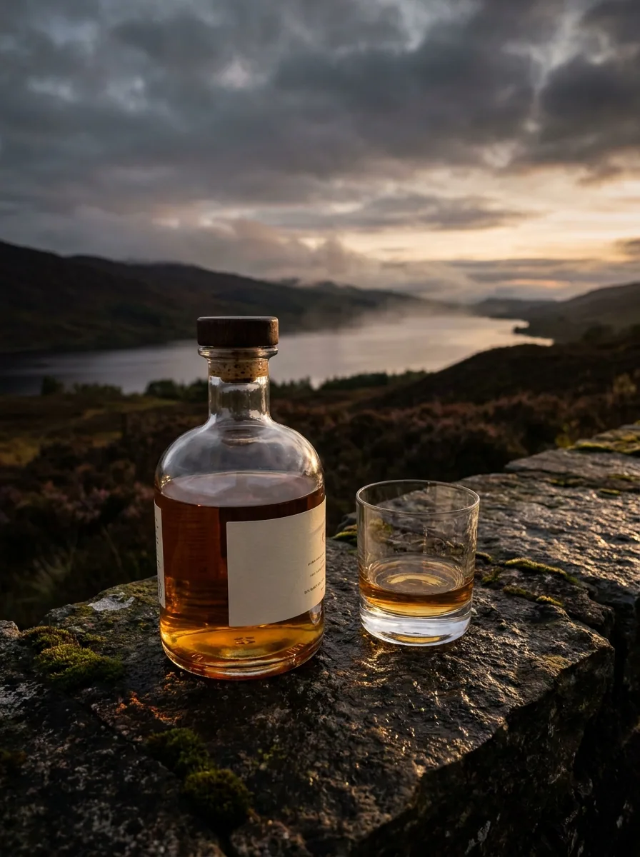 Whisky bottle and a filled glass on rock above a loch at dusk, made with DesignerBox